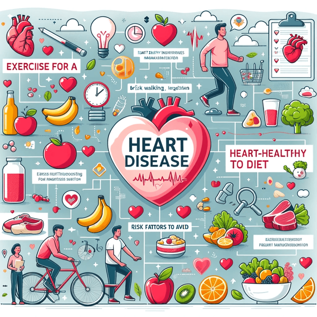Infographic on Heart Disease Management: Featuring Heart-Healthy Activities, Diet, and Prevention Tips with Exercise Symbols and Nutritious Food Items.