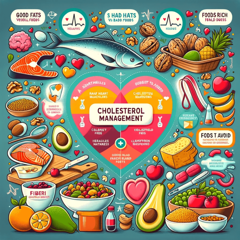 Infographic on Cholesterol Management: Heart-Healthy Foods Including Salmon, Walnuts, Avocados, Whole Grains, with Sections on Good vs Bad Fats, Fiber-Rich Foods, and Foods to Avoid.