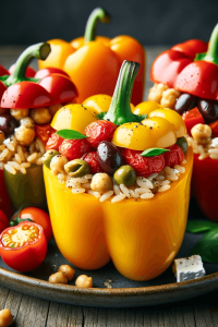 Colorful stuffed bell peppers with Mediterranean rice, chickpeas, and feta